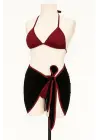 Omarı Bordo Siyah Yandan ve Boyundan Bağlamalı Bikini Takımı
