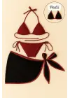 Omarı Bordo Siyah Yandan ve Boyundan Bağlamalı Bikini Takımı