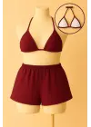Omarı Bordo Renkli Bağlamalı Bikini Takımı