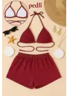 Omarı Bordo Renkli Bağlamalı Bikini Takımı