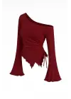 Kadın Bordo Uzun İspanyol Kollu Asimetirik Yaka Yandan Bağlamalı Drapeli Bluz