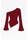 Kadın Bordo Uzun İspanyol Kollu Asimetirik Yaka Yandan Bağlamalı Drapeli Bluz