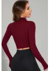 Kadın Bordo Uzun Kol Fermuarlı Parmak Geçme Detaylı Dik Yaka Crop Top Bluz