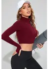 Kadın Bordo Uzun Kol Fermuarlı Parmak Geçme Detaylı Dik Yaka Crop Top Bluz