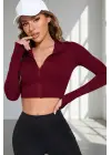 Kadın Bordo Uzun Kol Fermuarlı Parmak Geçme Detaylı Dik Yaka Crop Top Bluz