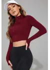 Kadın Bordo Uzun Kol Fermuarlı Parmak Geçme Detaylı Dik Yaka Crop Top Bluz