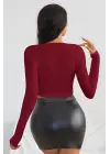 Omarı Bordo Uzun Kol Crop Top Bluz