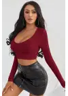 Omarı Bordo Uzun Kol Crop Top Bluz