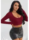 Omarı Bordo Uzun Kol Crop Top Bluz