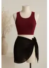 Omarı Kadın Bordo Yuvarlak Yaka Crop ve Siyah Pareo Set