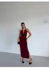 Kadın Boyun Aksesuarlı Halter Yaka Maxi Boy Sandy Kumaş Elbise