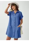 Kadın Cep Detay Müslin Kumaş Mini Gömlek Elbise