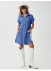 Kadın Cep Detay Müslin Kumaş Mini Gömlek Elbise