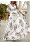 Omarı Çiçek Desenli V Yakalı Kadın Elbisesi