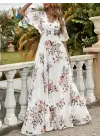 Omarı Çiçek Desenli V Yakalı Kadın Elbisesi