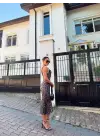 Omarı Kadın Dalgıç Kumaş Leopar Desenli Midi Elbise