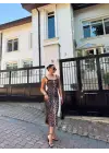 Omarı Kadın Dalgıç Kumaş Leopar Desenli Midi Elbise