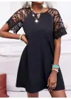 Kadın Dantelli Kısa Kollu Damla Yaka Krep Elbise