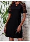 Kadın Dantelli Kısa Kollu Damla Yaka Krep Elbise