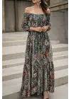 Kadın Düşük Omuzlu Beli Büzgülü Dijital Desenli Kesik Elyaf Süprem Uzun Elbise