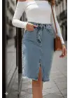 Kadın Elastik Bel Yırtık Kenar Detaylı Kot Etek