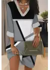 Kadın Fakir Kollu V Dantel Yaka Geometrik Desenli Dalgıç Elbise