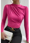 Kadın Fuşya Belden ve Boyundan Büzgü Detaylı Uzun Kollu Bluz