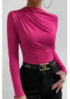Kadın Fuşya Belden ve Boyundan Büzgü Detaylı Uzun Kollu Bluz