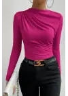 Kadın Fuşya Belden ve Boyundan Büzgü Detaylı Uzun Kollu Bluz