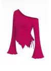 Kadın Fuşya Uzun İspanyol Kollu Asimetirik Yaka Yandan Bağlamalı Drapeli Bluz