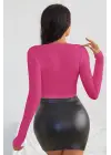 Omarı Fuşya Kare Yaka Uzun Kol Crop Top Bluz