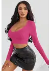 Omarı Fuşya Kare Yaka Uzun Kol Crop Top Bluz