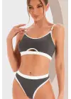 Omarı Çekici Kadın Antrasit Kaşkorse ve Cut-Out Tanga Takım