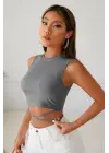 Omarı Gri Çapraz Bağlamalı Crop Top Büstiyer