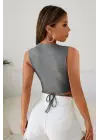 Omarı Gri Çapraz Bağlamalı Crop Top Büstiyer