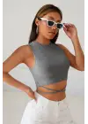Omarı Gri Çapraz Bağlamalı Crop Top Büstiyer