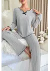 Kadın Gri Çizgili Uzun Kollu Fiyonk Detaylı Pijama Takımı Rahat Mevsimlik