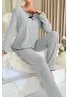 Kadın Gri Çizgili Uzun Kollu Fiyonk Detaylı Pijama Takımı Rahat Mevsimlik
