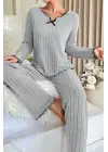 Kadın Gri Çizgili Uzun Kollu Fiyonk Detaylı Pijama Takımı Rahat Mevsimlik