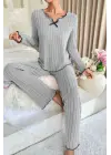 Kadın Gri Çizgili Uzun Kollu Fiyonk Detaylı Pijama Takımı Rahat Mevsimlik