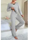 Kadın Gri Çizgili Uzun Kollu Fiyonk Detaylı Pijama Takımı Rahat Mevsimlik