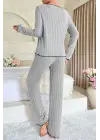 Kadın Gri Çizgili Uzun Kollu Fiyonk Detaylı Pijama Takımı Rahat Mevsimlik