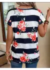 Kadın Gül Desenli çizgili Süprem Tshirt