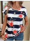 Kadın Gül Desenli çizgili Süprem Tshirt
