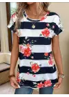 Kadın Gül Desenli çizgili Süprem Tshirt