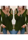 Kadın Haki Kolları Taş Işlemeli Uzun Kol Fermuarlı Viskon Bluz