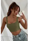 Omarı Kalın Askılı Haki Yeşil Crop Top