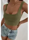 Omarı Kalın Askılı Haki Yeşil Crop Top