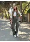 Kadın Hakim Yaka şerit Detay Hırka Ve Bol Paça Pantolon Ikili Takım