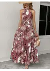Kadın Halter Yakalı Omuzlardan Açık Kuşaklı Maksi Boy Desenli Süprem Elbise